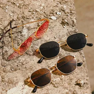 Fashionable women's metal sunglasses set with red, black and brown polygonal lenses