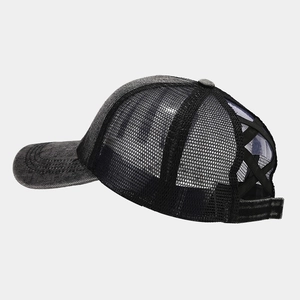 Detail of breathable mesh baseball cap with high ponytail hole and washed cotton fabric