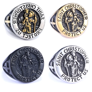 Vintage Saint Christopher Protect Us Signet Ring Stainless Steel Religious Cross Jewelry For Men Retro Punk Style