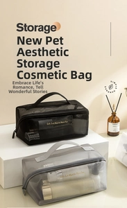 Close-up of black and grey mesh makeup bags with sturdy handles and inner storage detail