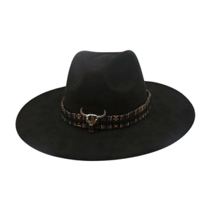 Close-up of black wide brim felt fedora with colorful woven band and silver bull head detail