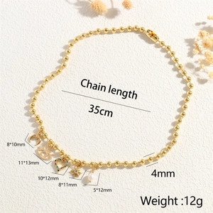 Detailed dimension guide for gold bead necklace with pearl and colorful stone charms