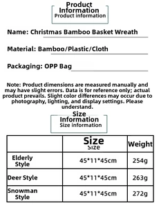 Size and weight specifications for Santa, Deer, and Snowman bamboo Christmas wreaths