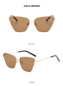Front and 45-degree side views of gold cat-eye metal sunglasses with brown lenses