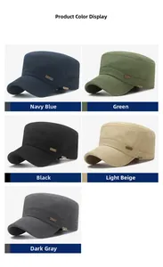 Detail view of cotton cadet caps in navy, green, black, beige, and dark gray colors