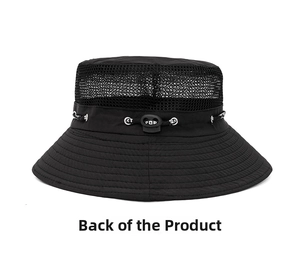Vista posteriore del cappello da sole nero in rete traspirante con cordoncino regolabile