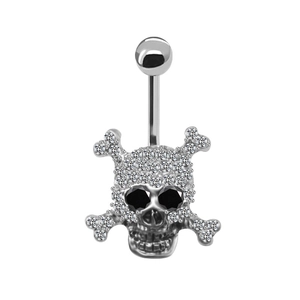 Detail of silver skull belly button ring with white cubic zirconia and black gem eyes