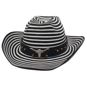Chapeau de cowboy rayé noir et blanc en paille avec bandeau cuir et tête de taureau