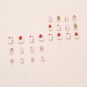 Sweet strawberry and bow design press on nails with red floral and checkered patterns