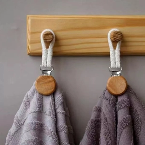 Cotton rope woven towel clips with round wood heads for bathroom towel organization
