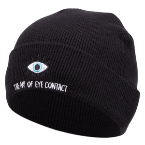 Bonnet en tricot noir avec œil brodé et slogan The Art of Eye Contact élégant