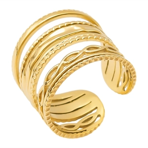 Adjustable layered gold titanium steel ring with wave and braided textures for women