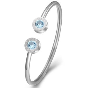 3mm stainless steel Roman numeral open bangle with light blue crystal birthstones