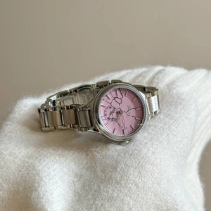 Women's business quartz watch with silver steel strap and pink marble texture dial