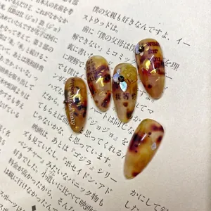 Japanese style amber tortoise nail stickers with gold foil and dried flowers set