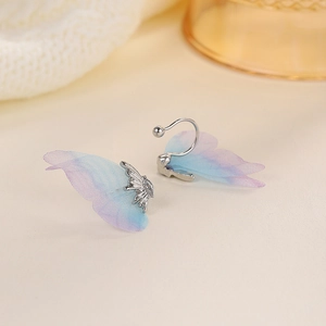 Ethereal blue tulle butterfly ear cuff with silver metal and sparkling zircon stone