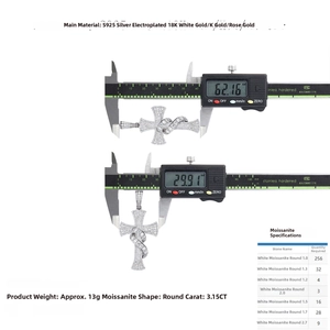 Detailed size measurement of S925 sterling silver cross pendant with 3.15CT moissanite