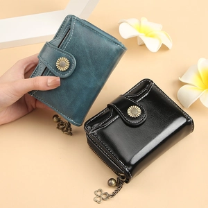 Women Small Wallet PU Leather Vintage Style Multi Card Slots Zipper Coin Pocket Sunflower Snap Clover Charm