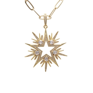 Gold paperclip chain necklace with a hollow octagonal star pendant and clear zircon stones
