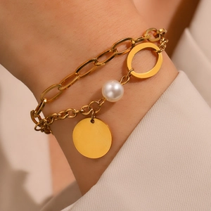 Baroque Stainless Steel Bracelet With Imitation Artificial Pearl Round Disc Pendant Vintage Layered Chain For Women