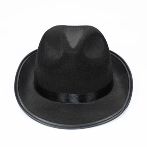 Detailed close-up of a black felt top hat with a matching satin ribbon and concave crown
