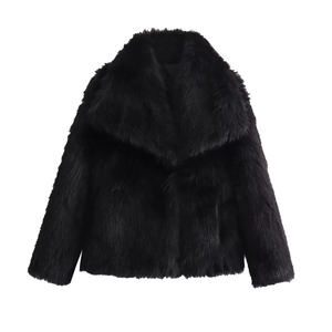 Detailed macro shot of the black faux fur collar showing long plush texture and shine