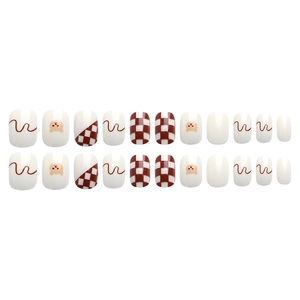 Cute cartoon bear and brown checkerboard pattern short round press-on nails set
