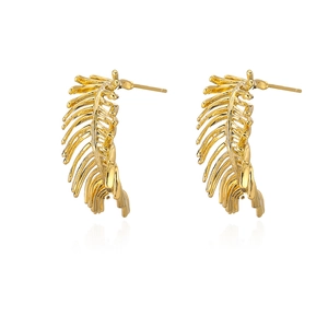 Detail view of 18K gold plated copper earrings with elegant feather design and clear pins