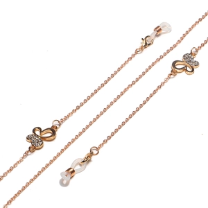 Gold punk glasses chain with rhinestone butterfly pendants and adjustable silicone loops