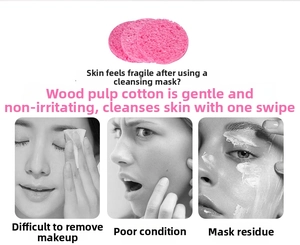 Detail of porous wood pulp cotton texture on pink compressed facial cleansing sponge