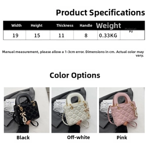 Detailed size chart for quilted crossbody bag with pearl bow and dimensions info