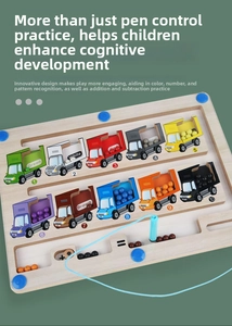 Detail view of magnetic wooden maze board with colorful toy trucks for number counting