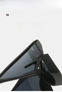 Detail view of black futuristic cat eye sunglasses frame texture and lens joint
