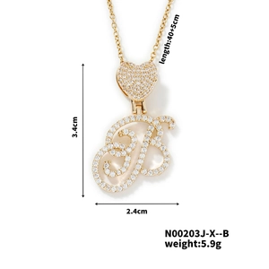Detailed size measurement of gold initial B necklace with micro-pave cubic zirconia