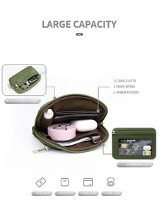 Detalle de la billetera de muñeca verde militar con ranuras para tarjetas y ventana ID