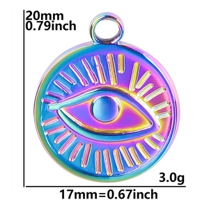 Rainbow stainless steel evil eye pendant showing precise 20mm height and 17mm width