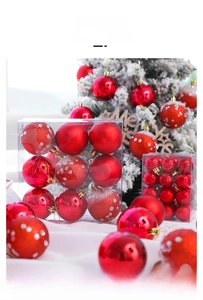 Detail of red Christmas ornaments in matte, glossy, and glitter finishes with PVC gift box