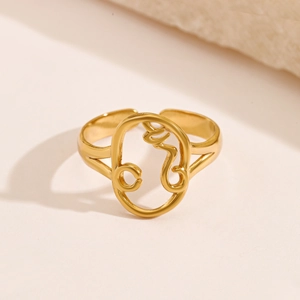 Exaggerated hollow portrait stainless steel open ring in 18K gold plated finish