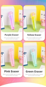 Close-up of cat paw retractable erasers in purple, yellow, pink, and green colors