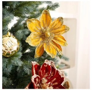 Close-up of velvet poinsettia flowers with glitter edges on a Christmas tree