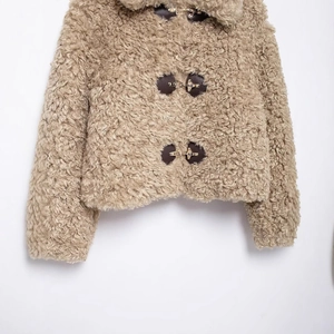 Women's warm teddy fleece short jacket in khaki with elegant metal buckle closures