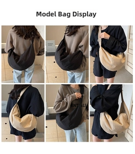 Collage of black and beige crossbody crescent bags worn by a model in casual style