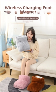 Model showcasing grey, pink and brown rabbit fur foot warmers in a modern home setting