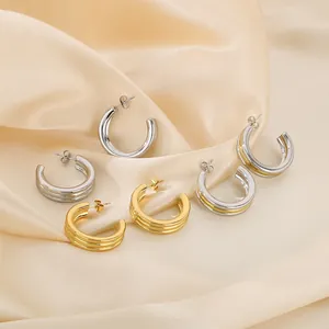 Stainless Steel C Hoop Earrings For Women Triple Layer Geometric Ribbed Chunky Stud Jewelry Fashion Trendy Accessory