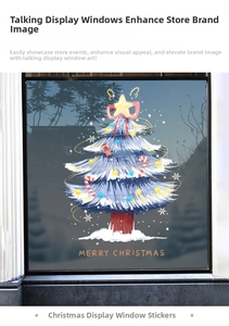 Blue Christmas tree window sticker with festive decorations and Merry Christmas text