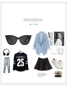 Flat lay of black cat eye sunglasses styled with denim jacket and pleated skirt outfit