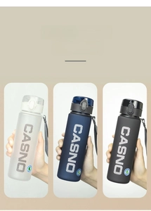 Three frosted sports water bottles in white blue and black with carry straps and caps