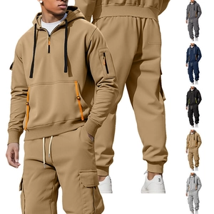Men's Fashion Hooded Tracksuit Autumn Winter Warm Fleece Half Zip Hoodie Cargo Sweatpants Top And Bottom