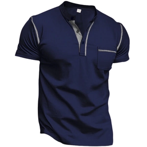 Navy blue men's short sleeve Henley shirt with chest pocket and decorative stitching