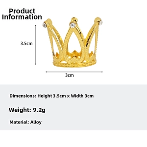 Detailed size specifications for a gold alloy mini crown with rhinestones for cakes